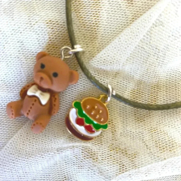 Hot Fashion Women/Girls Teddy Bear & Burger Charms Pendant & Waxed Cord Necklace - Picture 2 of 7